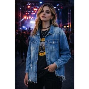 Distressed Denim Shirt Jacket Grunge Y2K Festival Raw Hem Button Up Top
